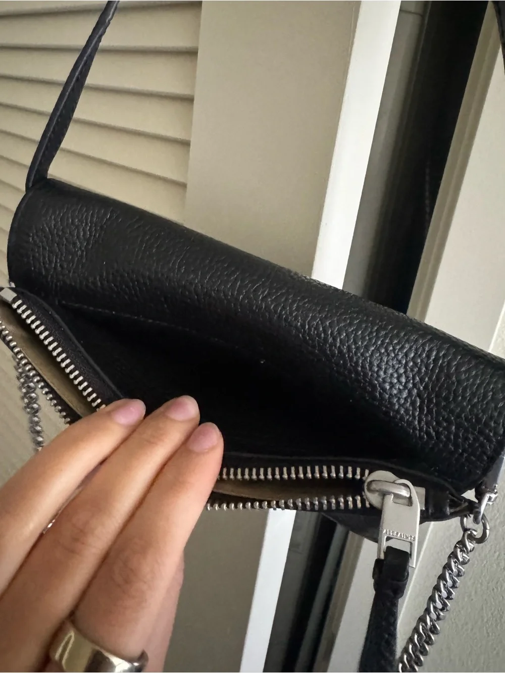 AllSaints Black Pebbled Leather Crossbody Wallet with Chain